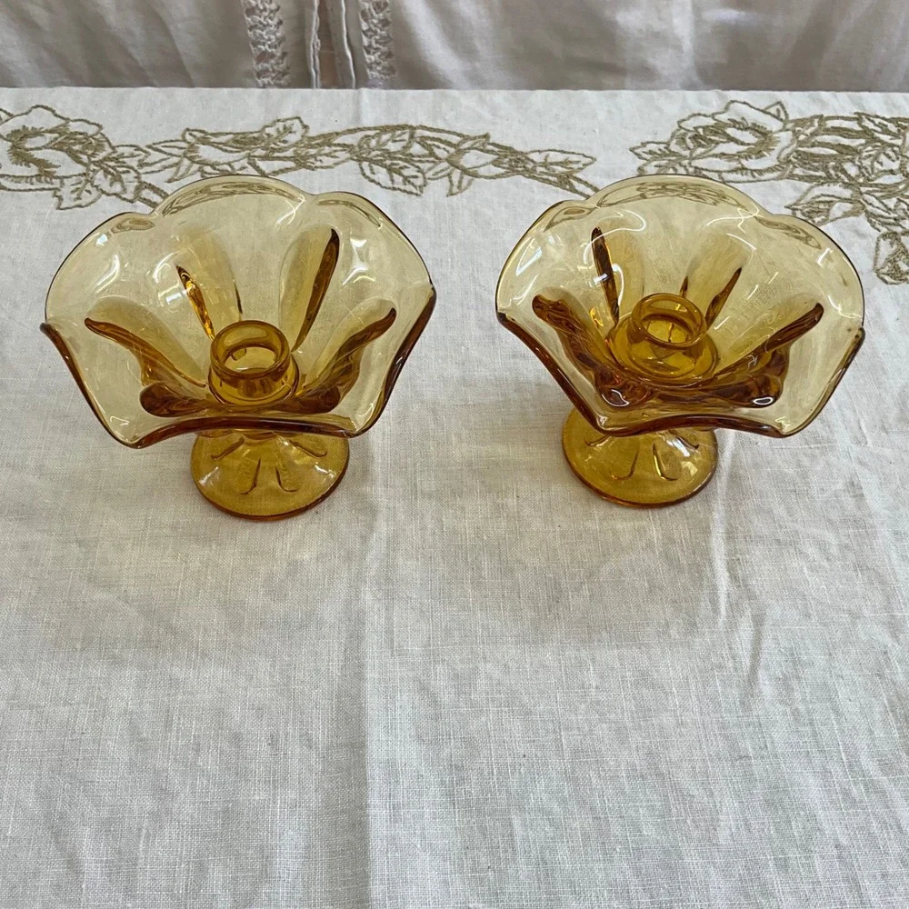 Vintage 2 Viking Amber Glass‎ Ruffled Flower Candle Holders MCM Honey Gold